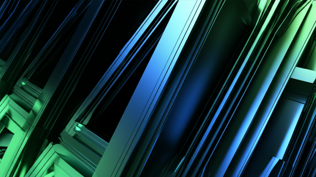 A dramatic, dark macro shot of futuristic architectural detail with sharp, directional lighting in shades of cool blue and vibrant green. Precision engineering aesthetic.